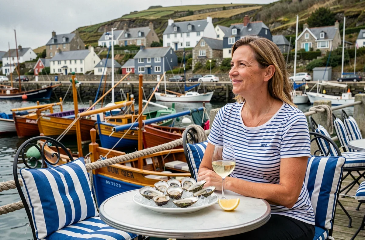 Femme dégustant des huîtres en terrasse face au port de Locquirec au restaurant du Port