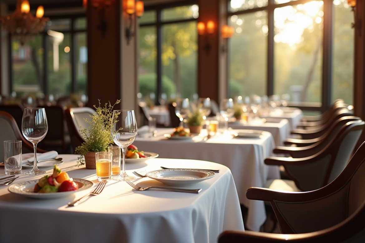 Intérieur d'un restaurant gastronomique élégant avec tables raffinées