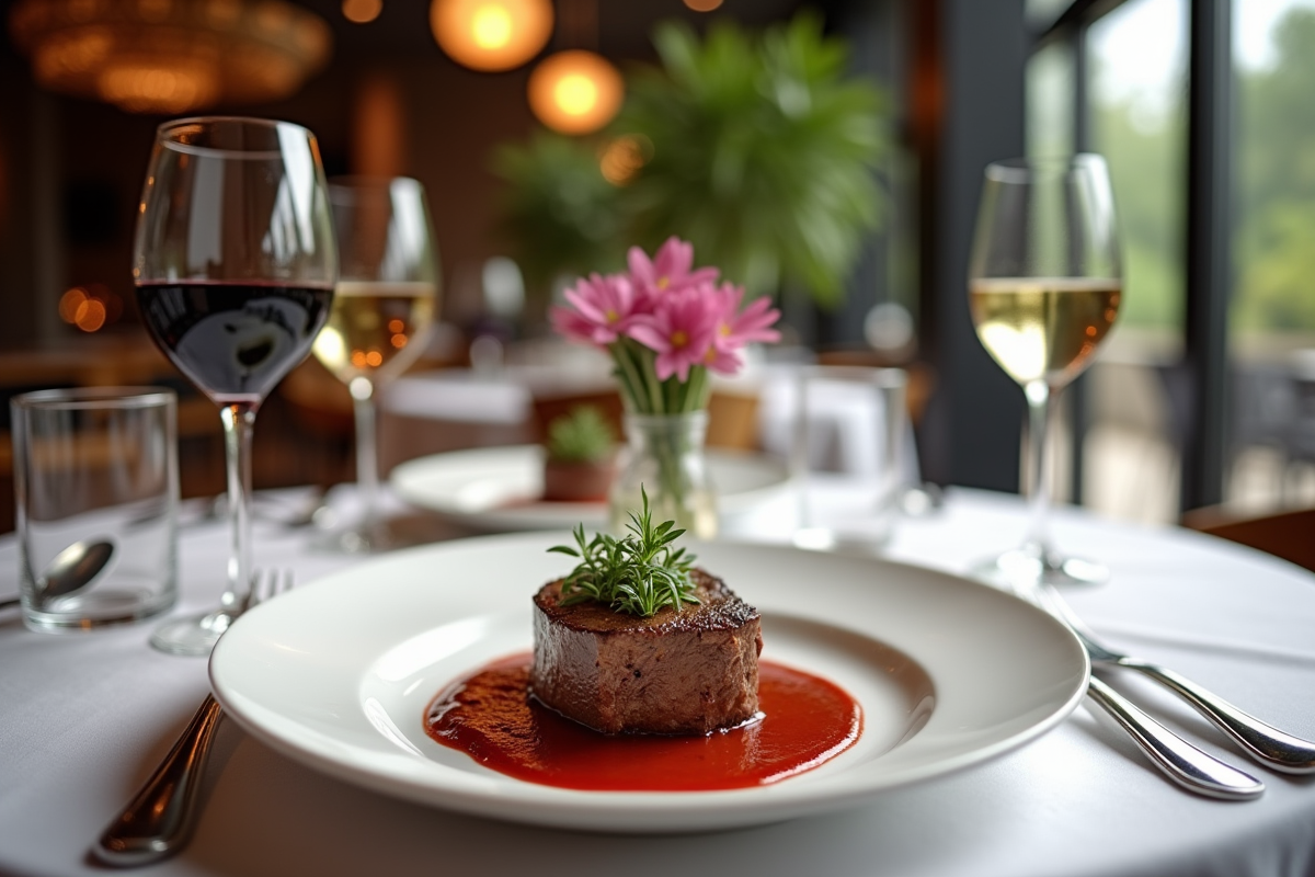 Présentation moderne de la carbonade de boeuf avec vins et ambiance élégante