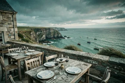 Terrasse de restaurant breton en pierre avec vue panoramique sur la côte atlantique du Finistère
