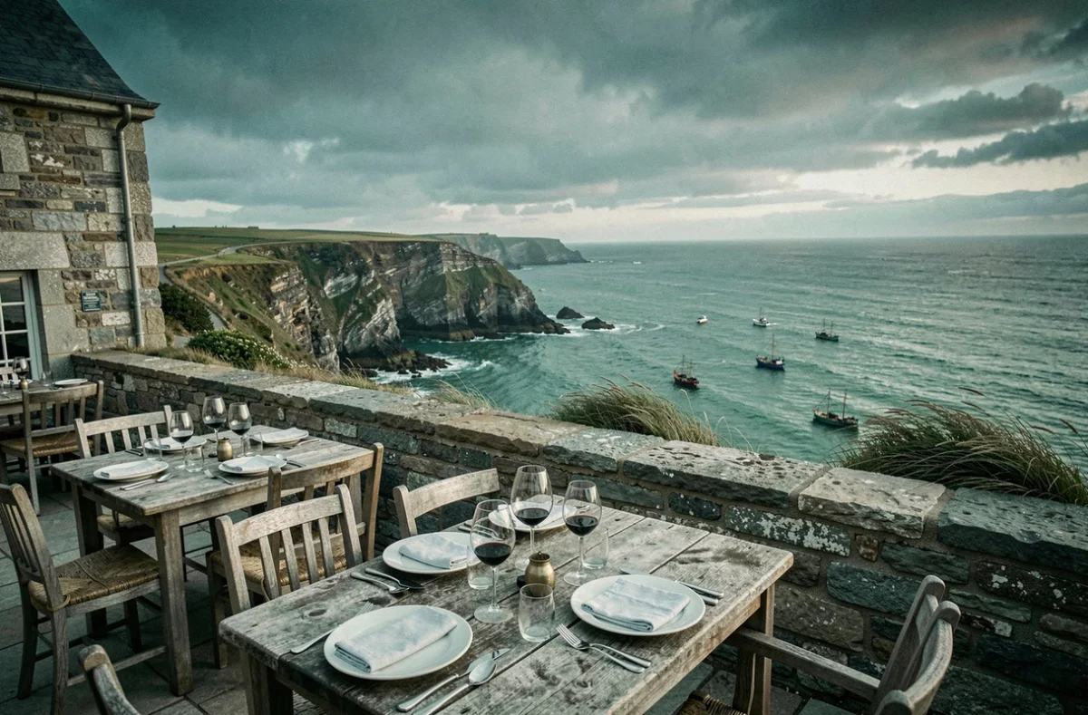 Terrasse de restaurant breton en pierre avec vue panoramique sur la côte atlantique du Finistère