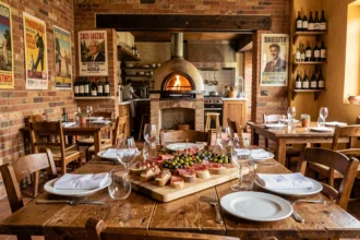 Intérieur chaleureux d'un restaurant italien dans les Pays de la Loire avec antipasti, four à pizza et décor rustique