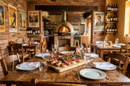 Intérieur chaleureux d'un restaurant italien dans les Pays de la Loire avec antipasti, four à pizza et décor rustique