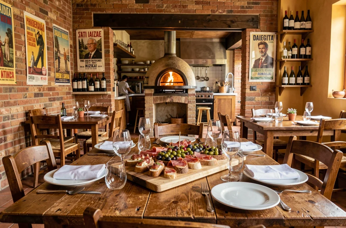 Intérieur chaleureux d'un restaurant italien dans les Pays de la Loire avec antipasti, four à pizza et décor rustique