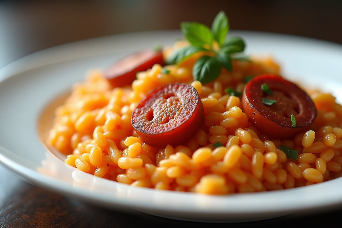 Zoom sur risotto au chorizo dans une assiette blanche
