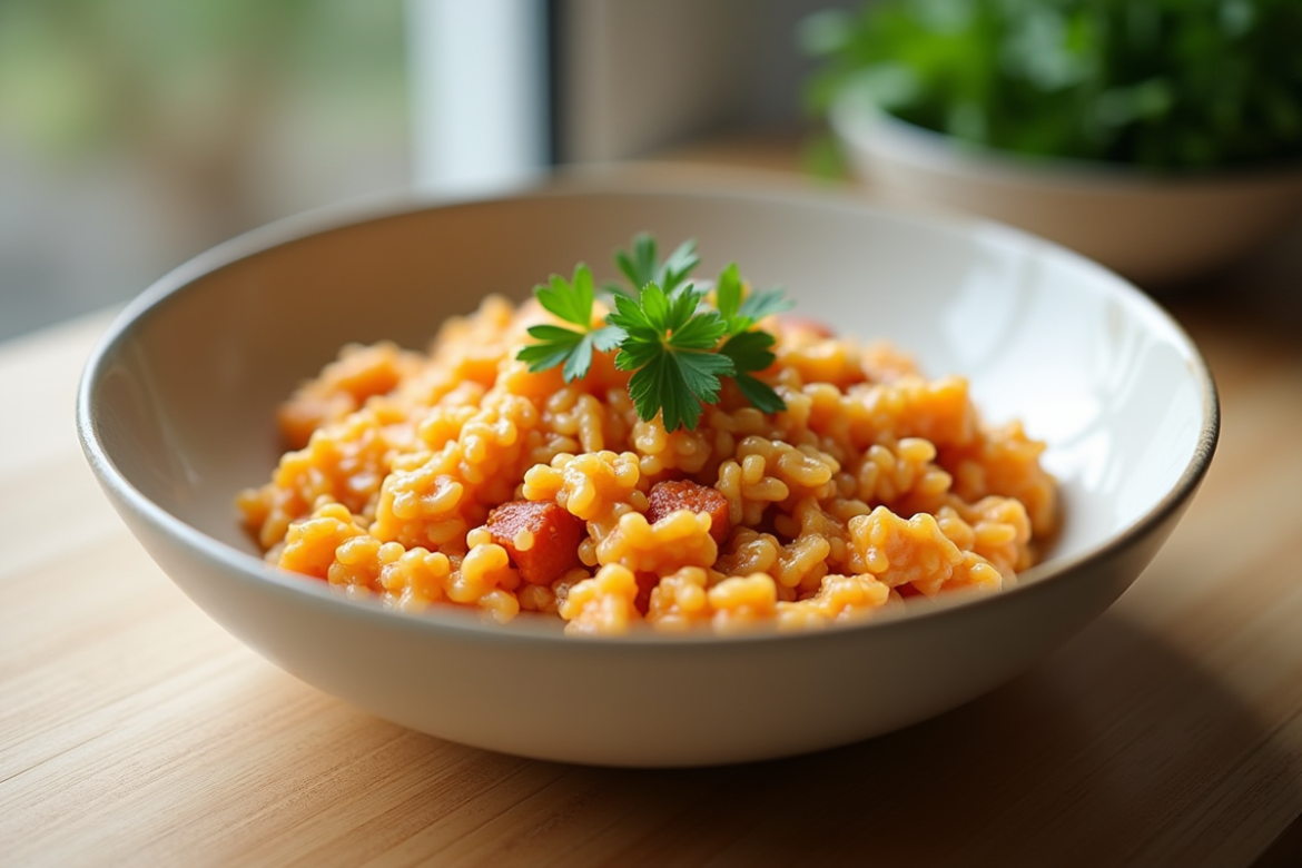 Bol de risotto au chorizo crémeux avec persil frais