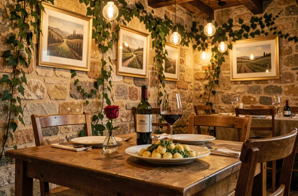 Salle romantique du restaurant Romantico à Angers avec gnocchi al pesto et ambiance méditerranéenne chaleureuse