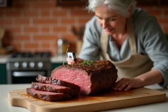 Rôti de bœuf de 1 kg tranché sur une planche en bois avec thermomètre de cuisson inséré, vérifié par une cuisinière en tablier dans une cuisine familiale