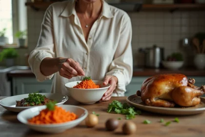 Femme française prépare une salade de carottes dans une cuisine rustique