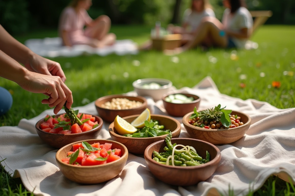 Assortiment de salades et légumes grillés légers sur une nappe de pique-nique pour un repas barbecue convivial en plein air