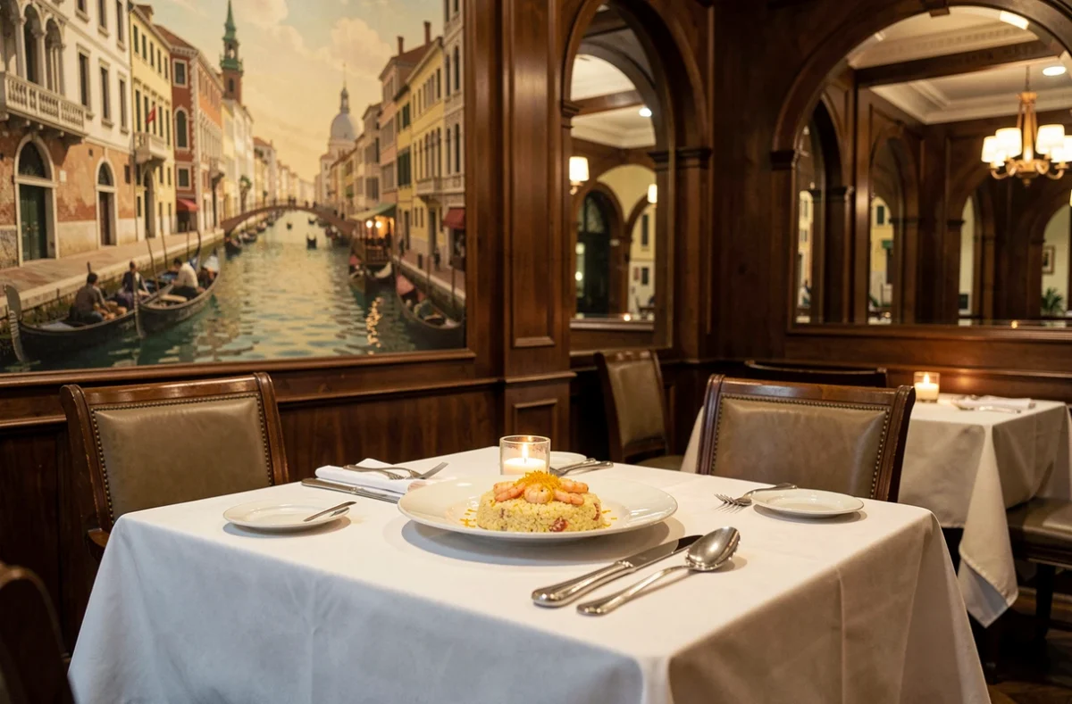 Table romantique dressée au restaurant San Marco à Nantes avec risotto aux fruits de mer et décor vénitien