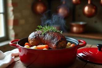 Sanglier rôti en cocotte en fonte avec légumes racines et jus de braisage dans une cuisine rustique française