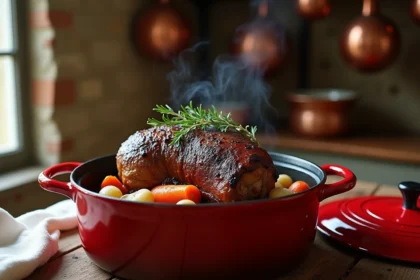 Sanglier rôti en cocotte en fonte avec légumes racines et jus de braisage dans une cuisine rustique française