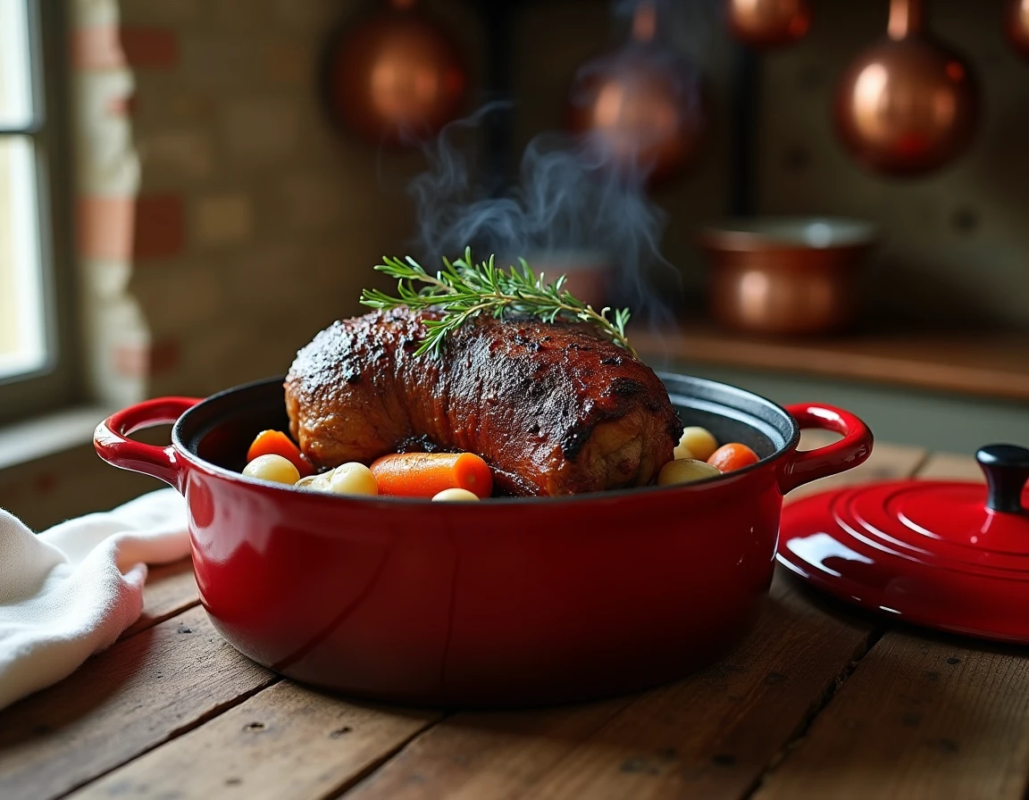 Sanglier rôti en cocotte en fonte avec légumes racines et jus de braisage dans une cuisine rustique française