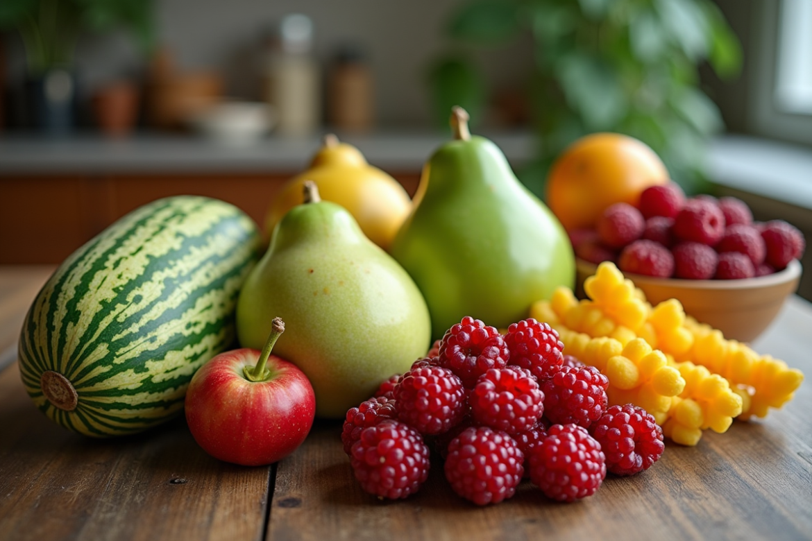 Sélection de fruits frais commençant par H sur une table en bois