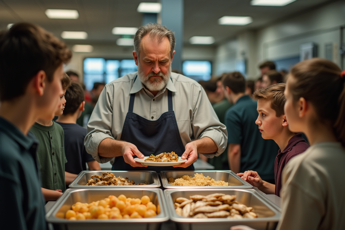 Homme servant du hareng fermenté dans une cafetéria animée