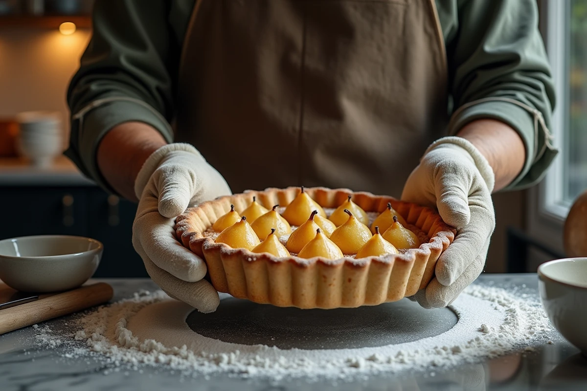 Mains masculines sortant une tarte aux poires du four