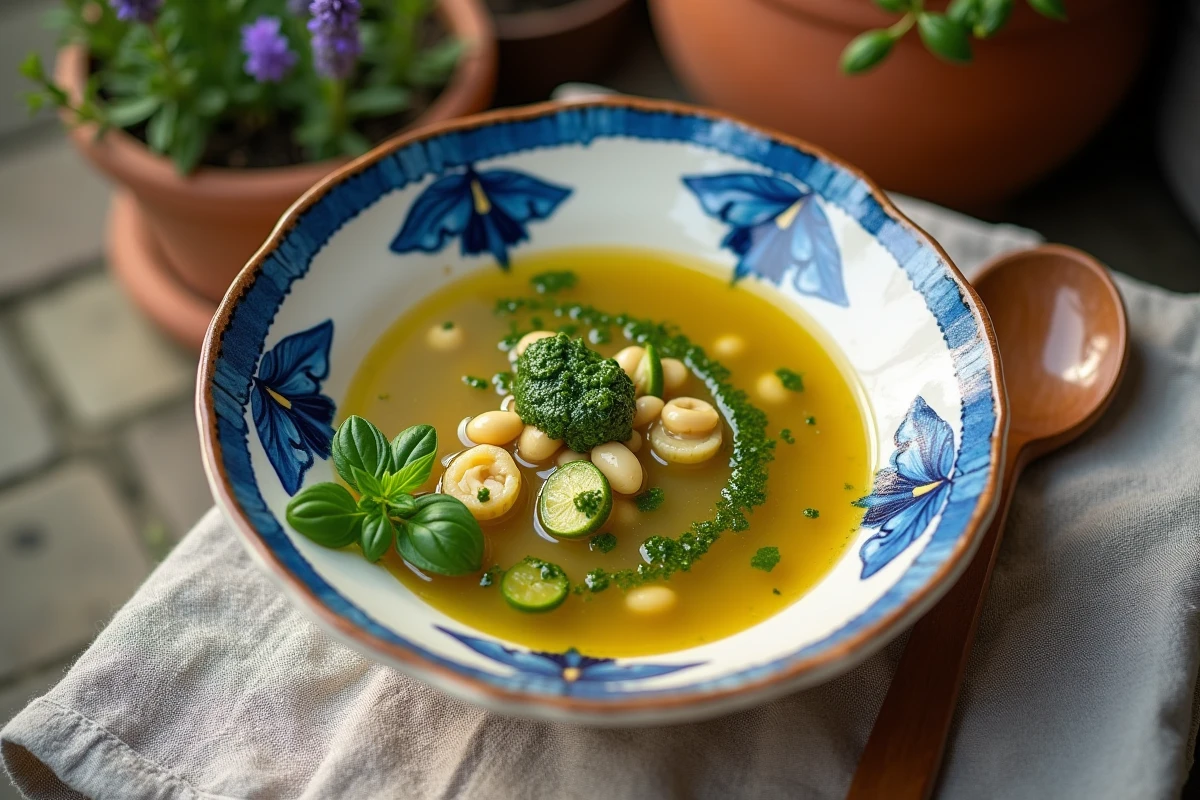 Soupe au pistou provençale servie dans un bol en céramique peint, garnie de légumes frais et d'une quenelle de pistou maison sur terrasse en pierre