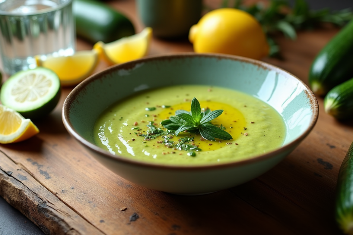 Bol de gazpacho de courgettes sur une table en bois