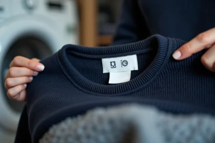 Étiquette d'entretien cousue dans un pull en laine montrant les symboles de lavage traditionnels dont le symbole four