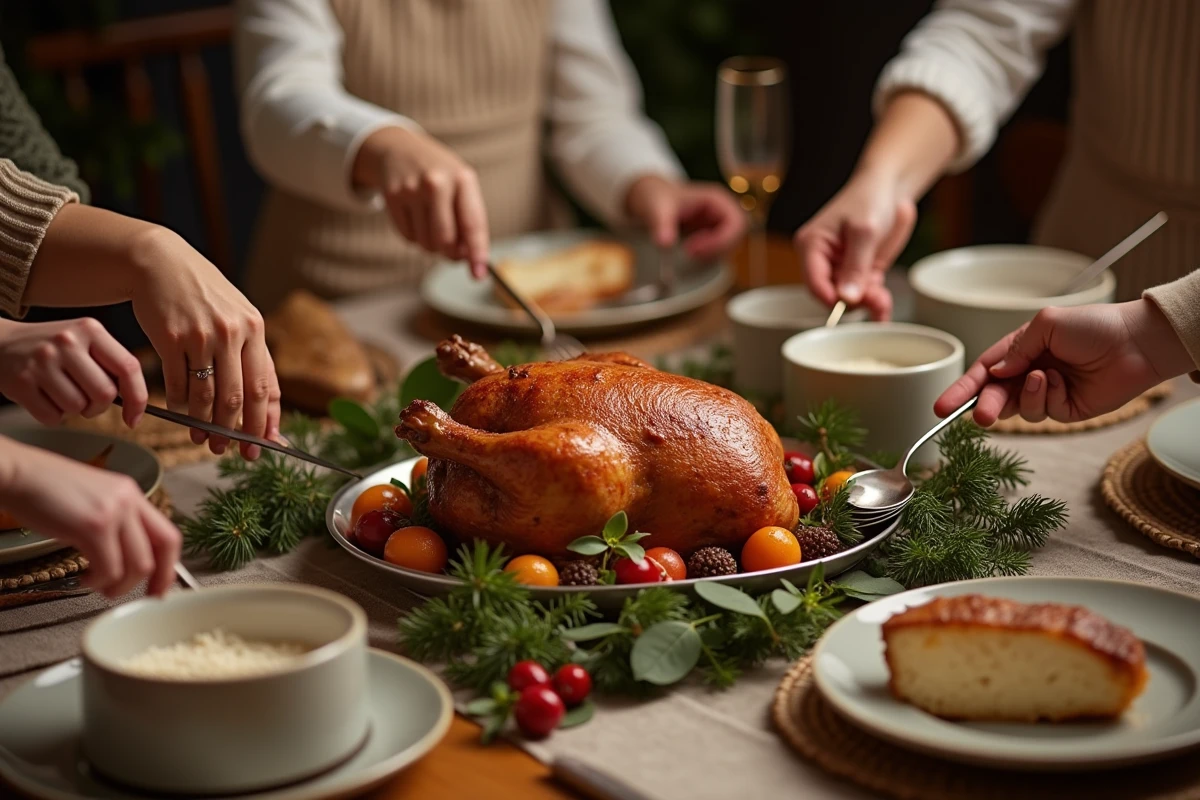 Groupe de mains autour d une table de fête avec un rôti de porc en centre