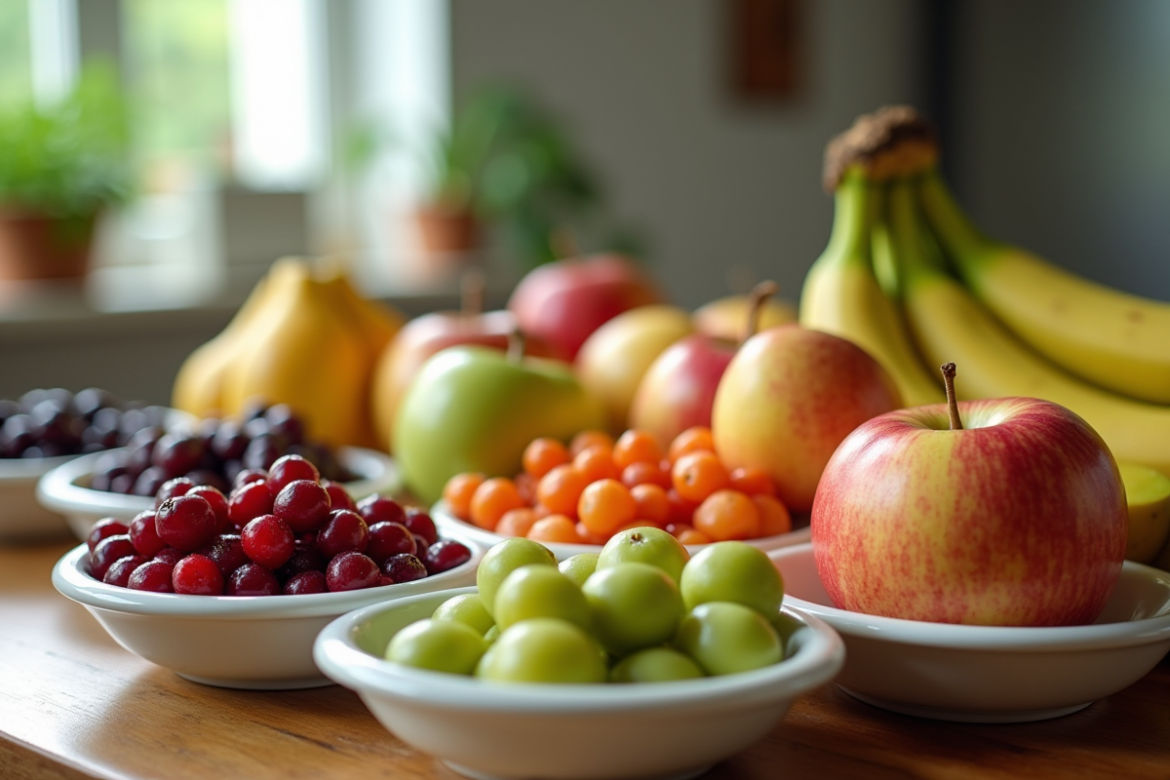 Table en bois avec fruits frais aux E en lumière naturelle