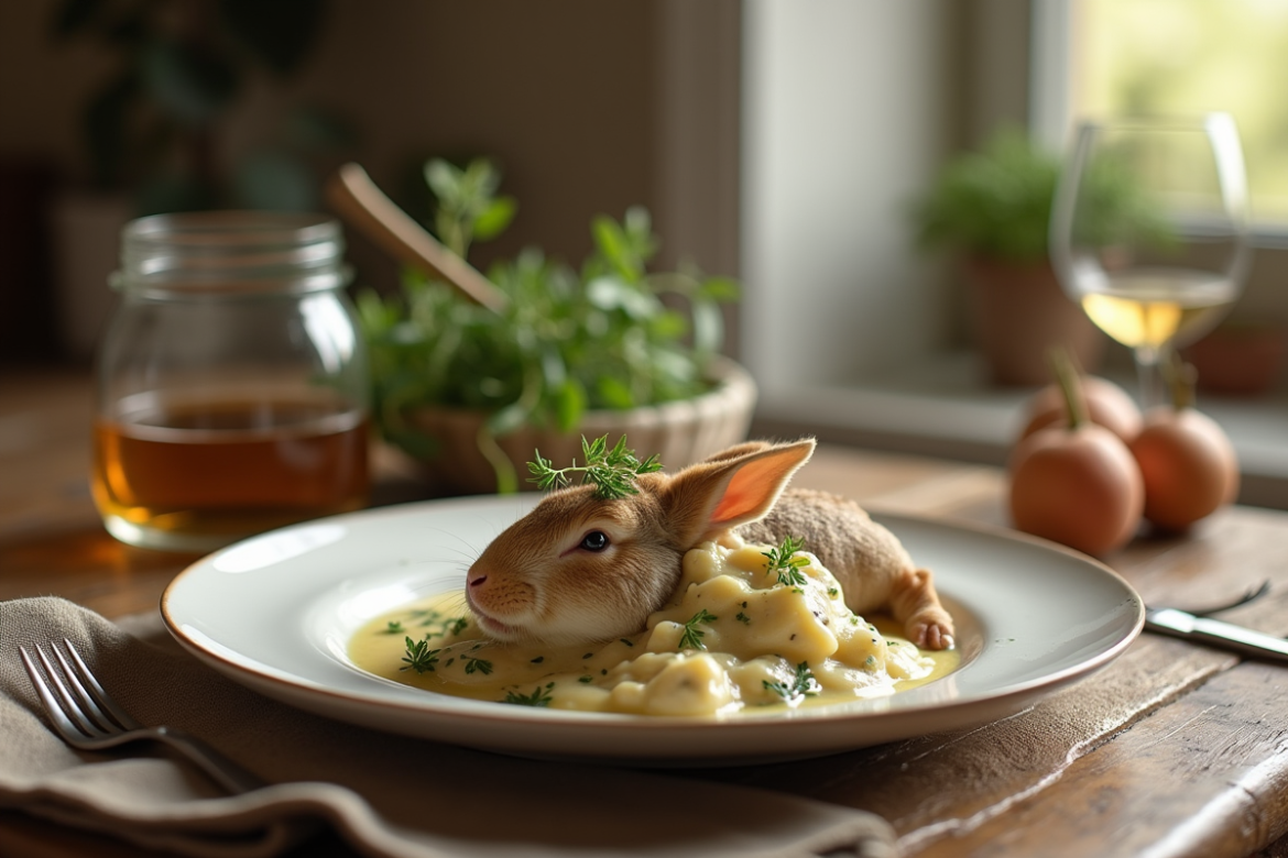 Table rustique avec plat de lapin en sauce crémeuse