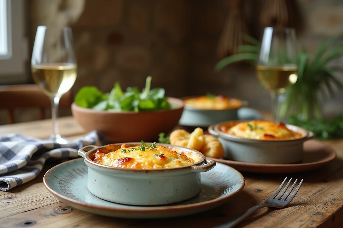 Table dressée avec des ramequins de gratin de chou fleur au fromage, salade verte et verre de vin blanc dans une salle à manger rustique