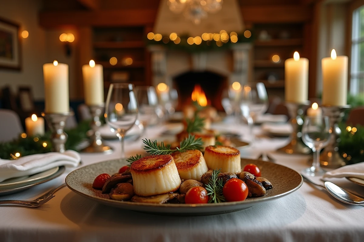 Table de Noël décorée avec un grand plat de coquilles Saint-Jacques en coquille accompagnées de champignons et herbes fraîches dans un cadre chaleureux