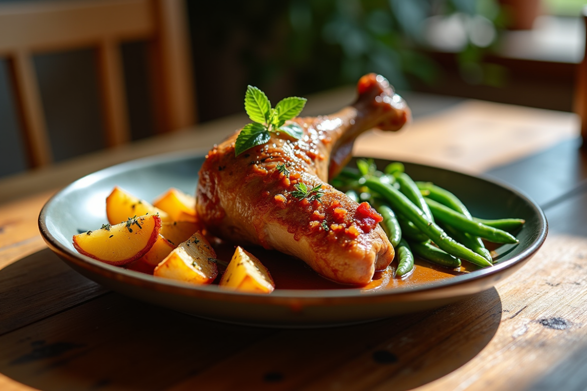 Plate de confit de canard avec pommes de terre et haricots verts