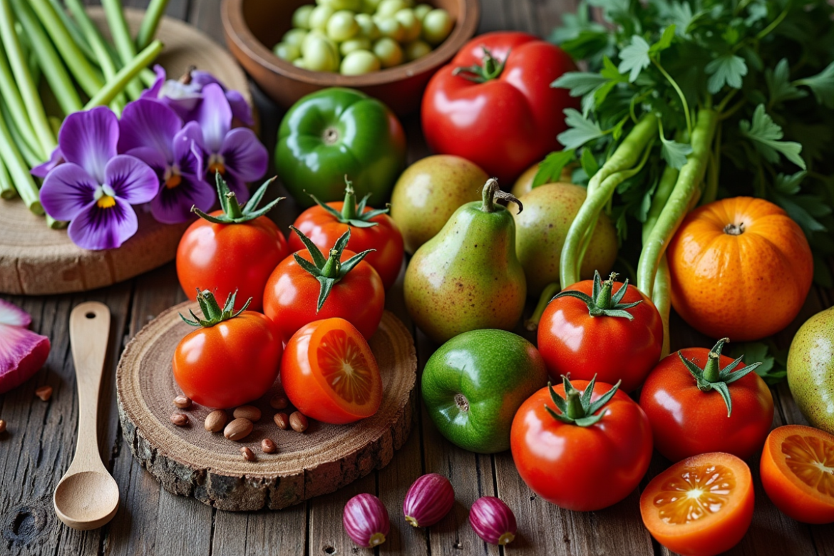 Table rustique avec fruits et legumes V colorés