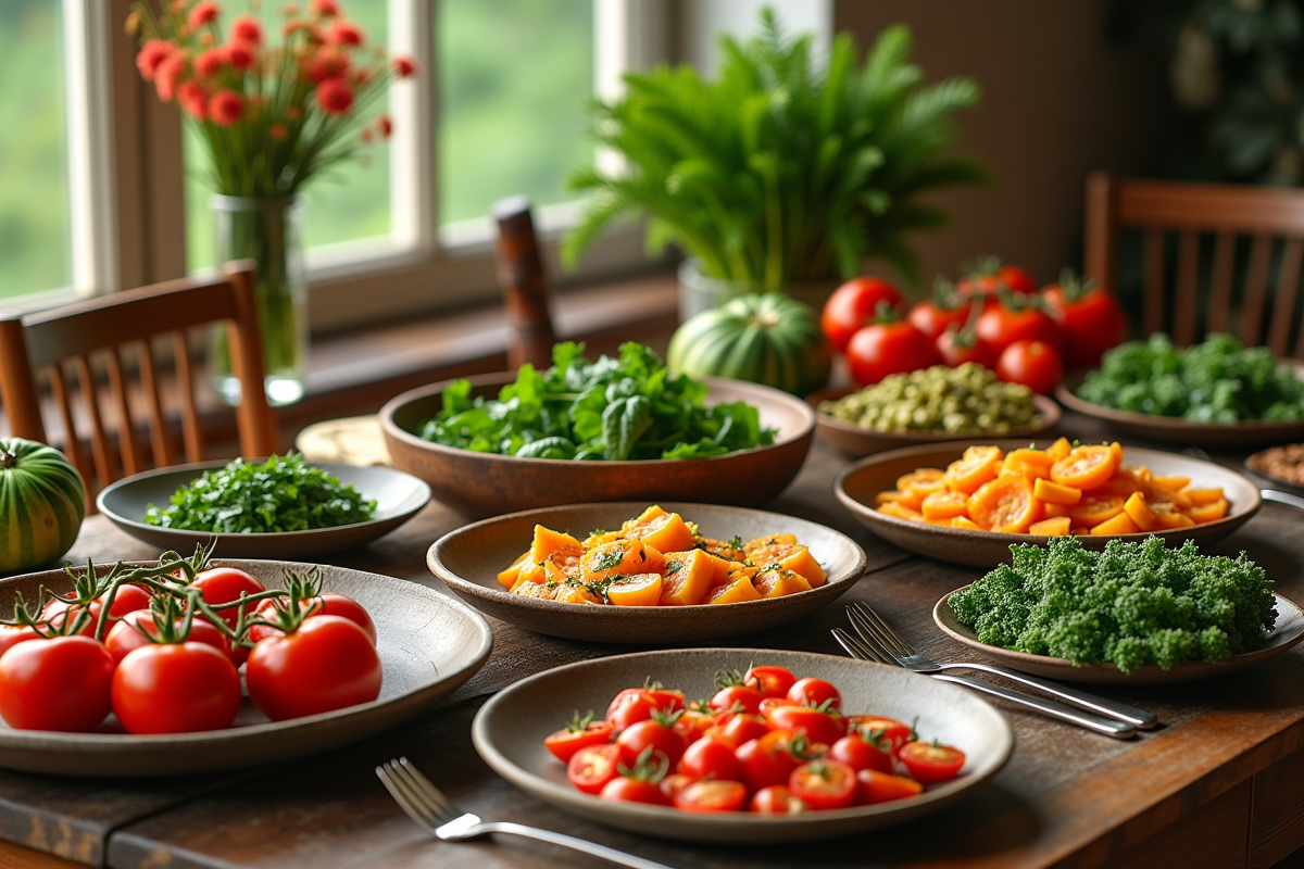 Table rustique avec légumes frais et plats végétaux V