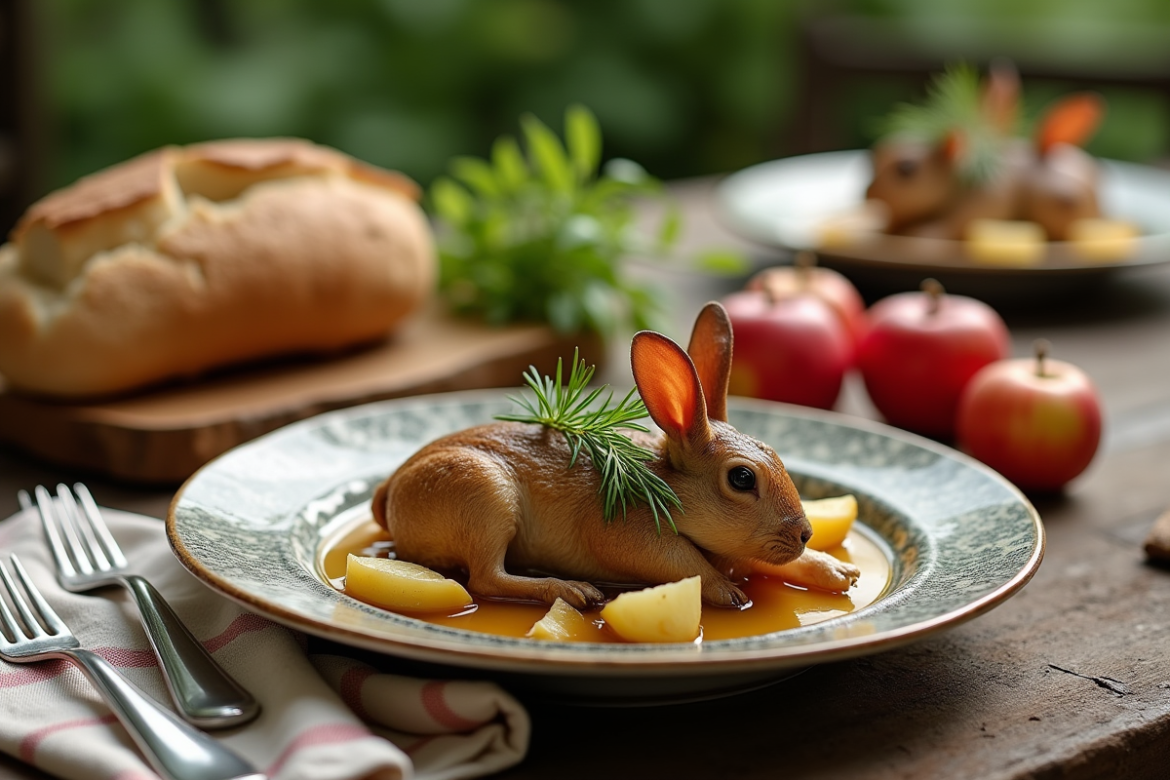 Table rustique en plein air avec plat de lapin au cidre