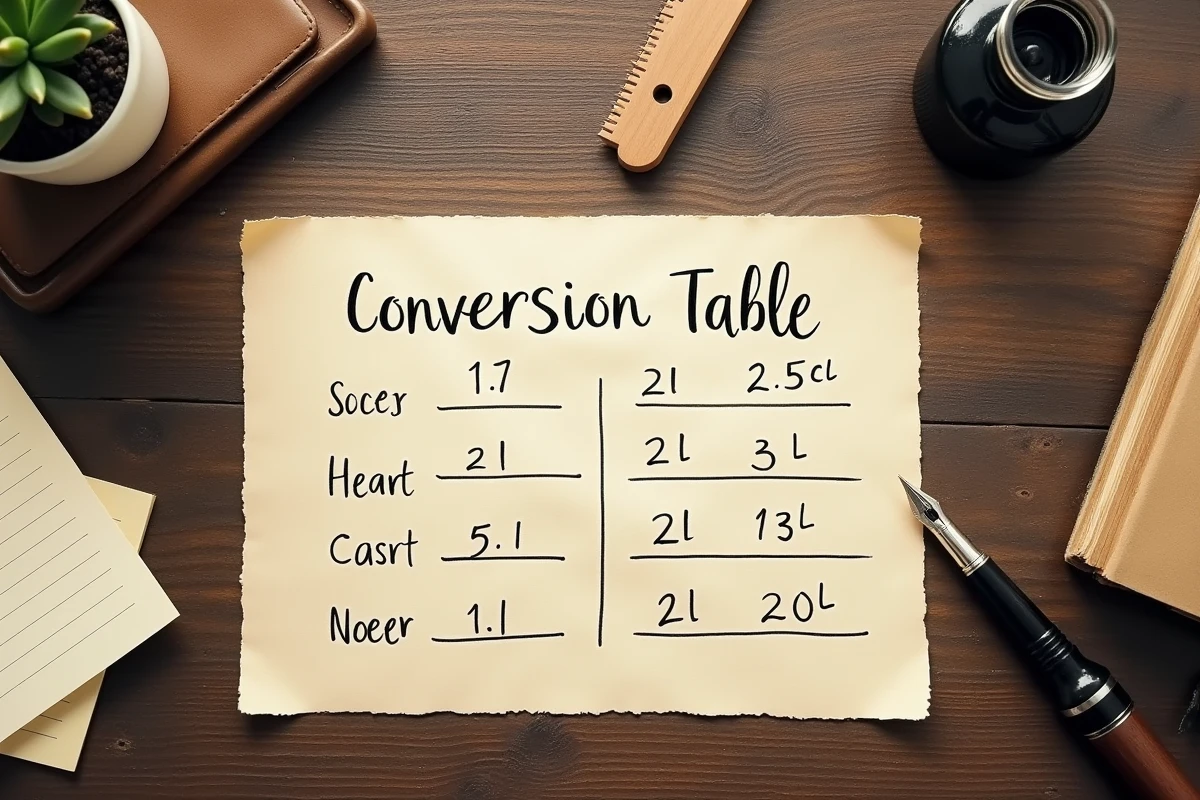 Tableau manuscrit de conversion centilitres en millilitres posé sur un bureau en bois avec une plume et un encrier