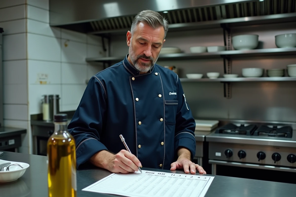 Chef cuisinier comparant une bouteille d'huile d'un litre avec un tableau de conversion litres en kilogrammes dans une cuisine professionnelle
