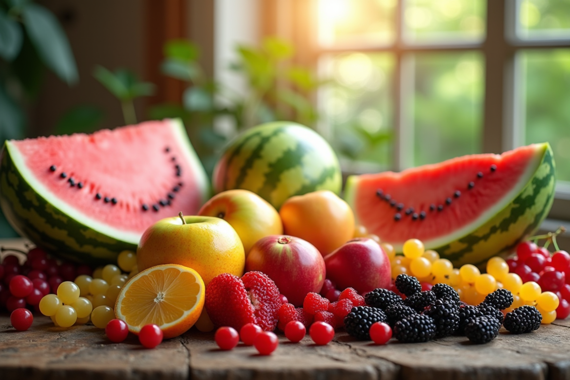 Table rustique avec fruits colorés commençant par W