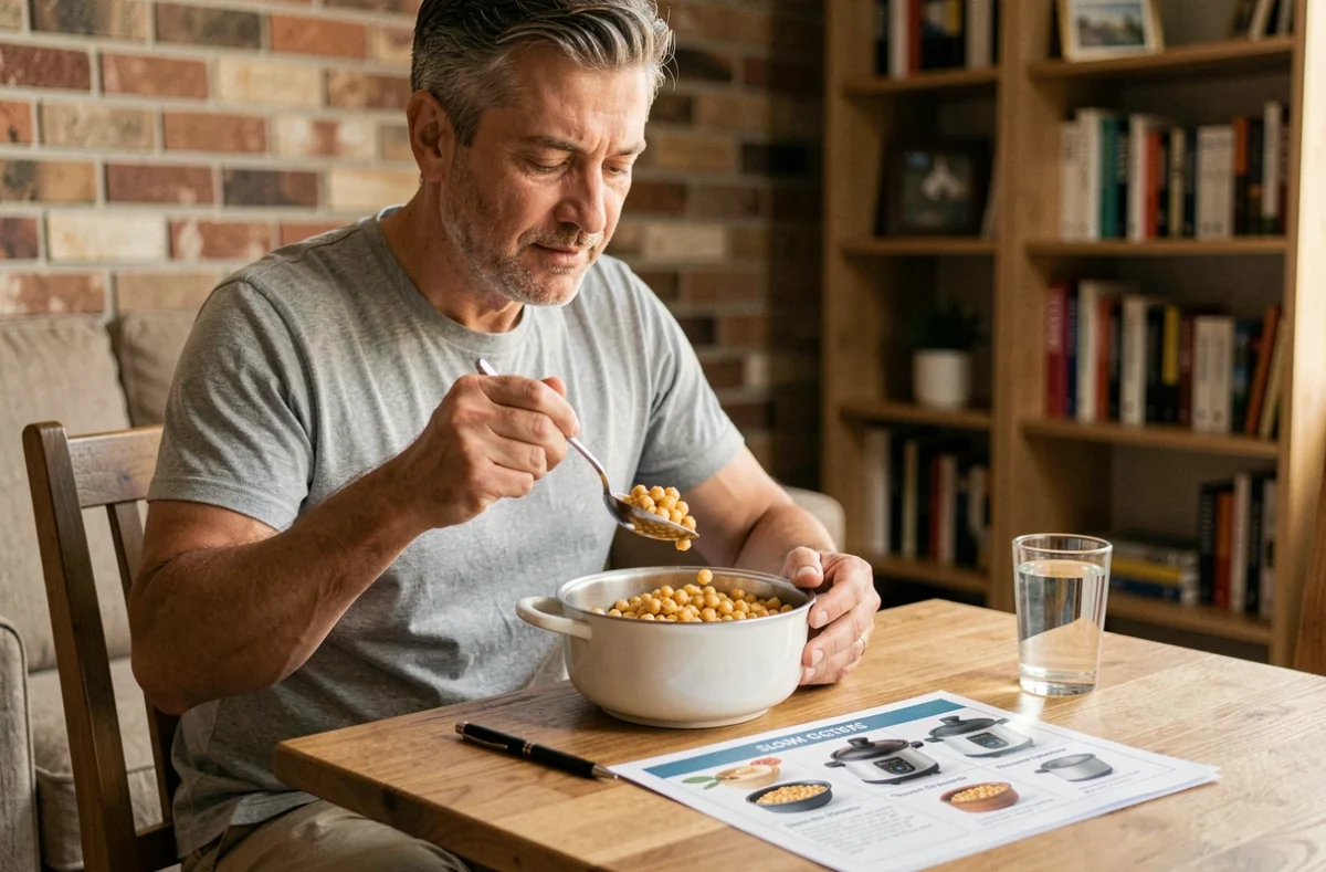 Homme consultant un tableau comparatif des méthodes de cuisson des pois chiches à table avec un bol rempli
