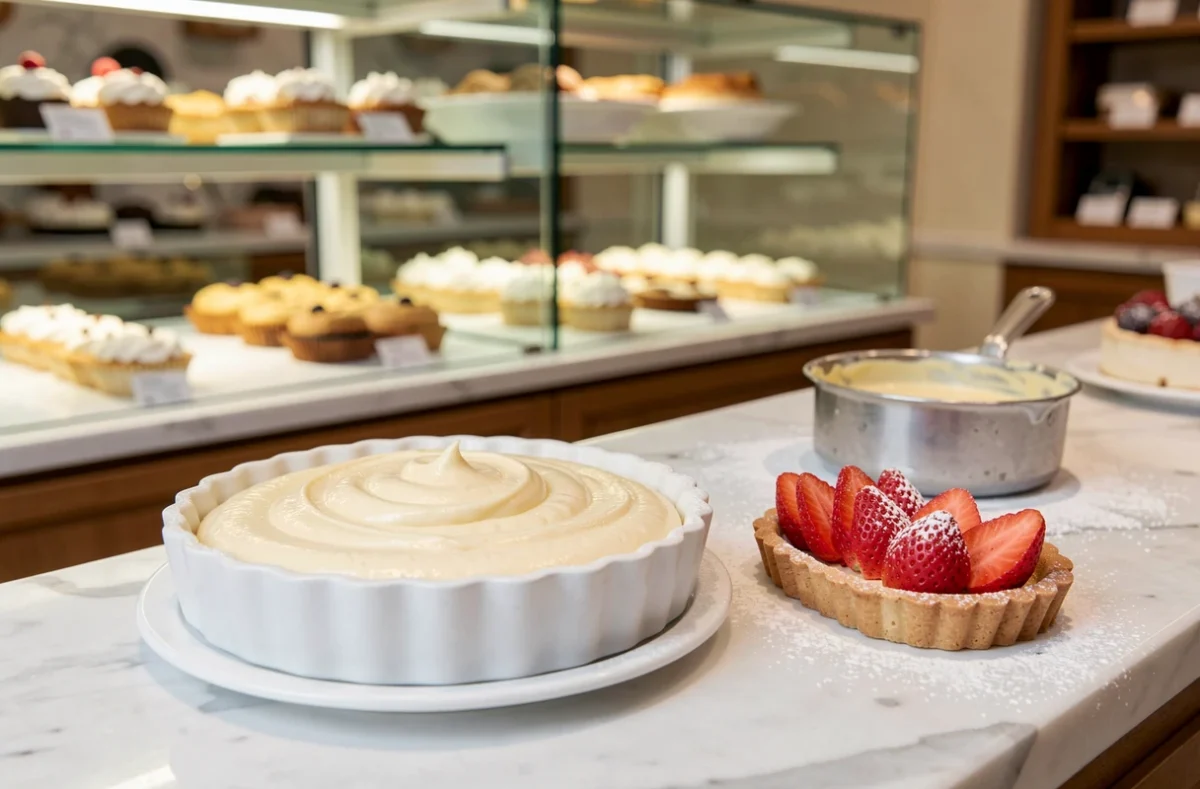 Tarte aux fraises garnie de crème pâtissière sans lactose présentée dans une pâtisserie artisanale française