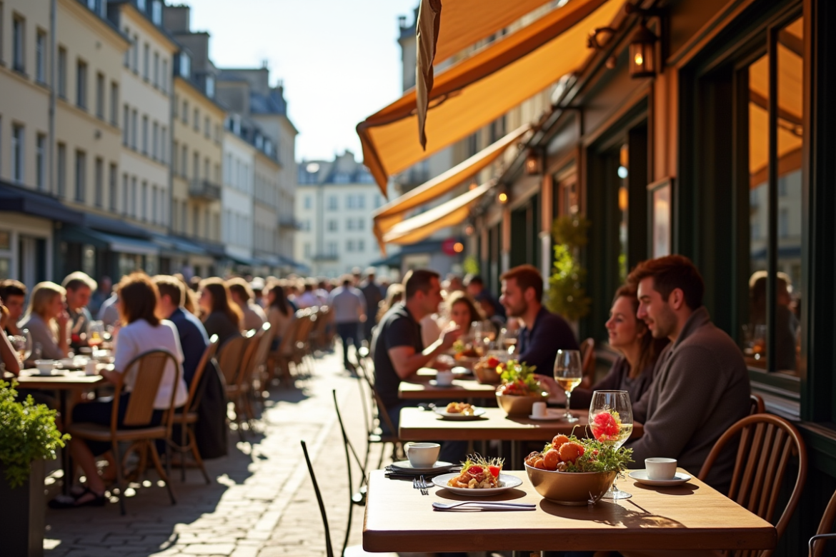 Terrasse animée d'un restaurant à Rennes un dimanche ensoleillé