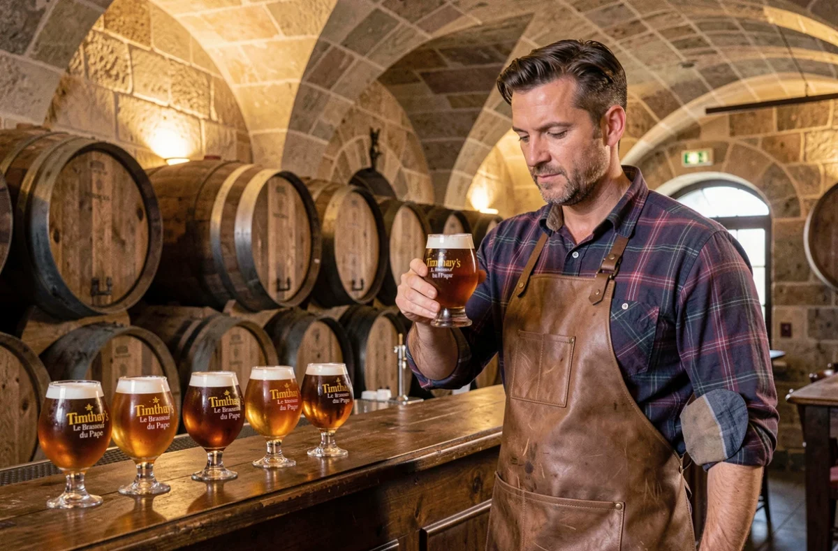 Brasseur en tablier de cuir examinant une bière ambrée devant des tonneaux en chêne chez Timothy's Le Brasseur du Pape