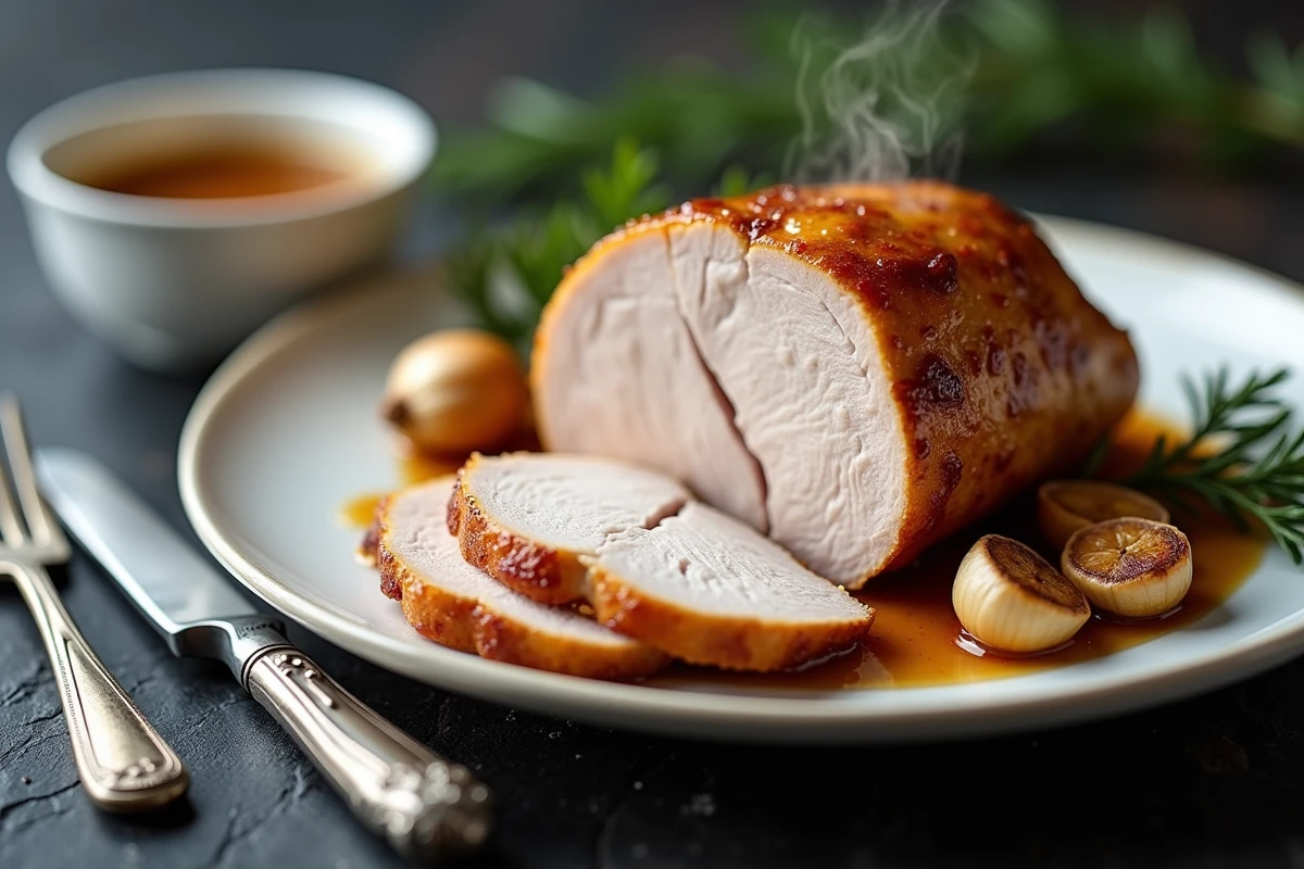 Tranche de blanc de chapon moelleux sur assiette blanche avec jus de cuisson et ail rôti sur ardoise