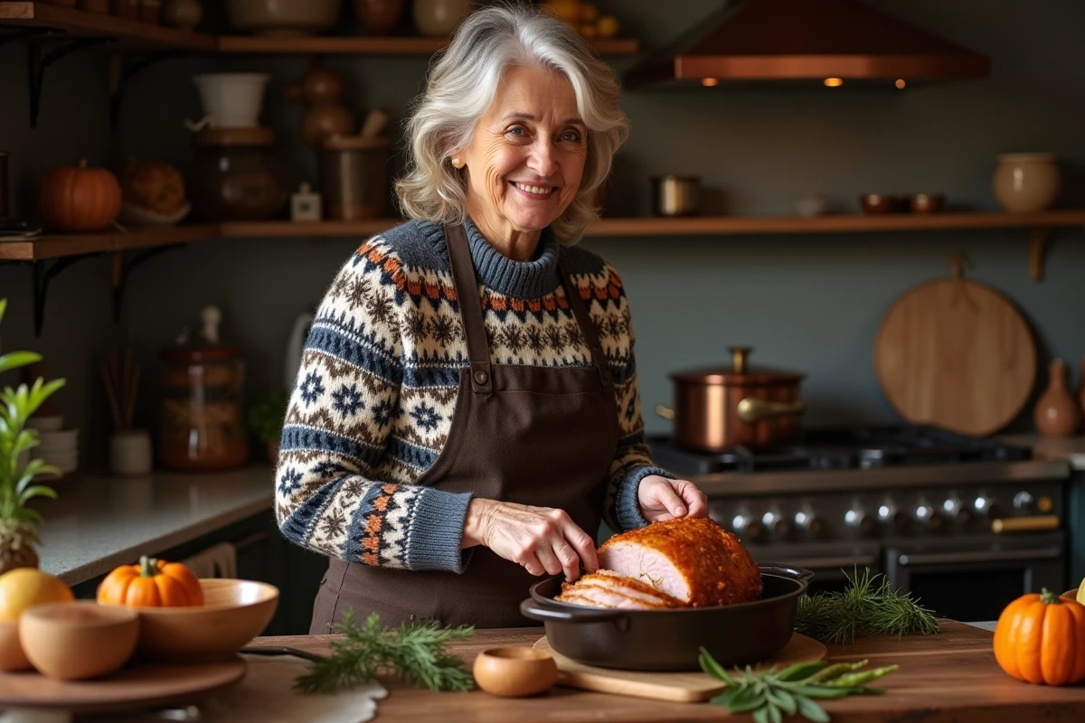 Femme souriante tranchant un rôti de porc doré dans une cocotte en fonte