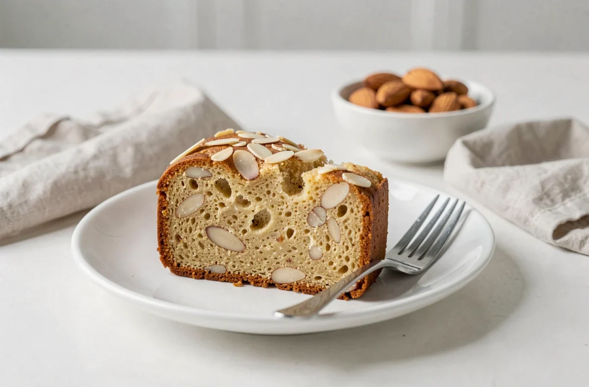 Tranche de gâteau aux amandes ultra moelleux sur assiette blanche avec fourchette et amandes entières