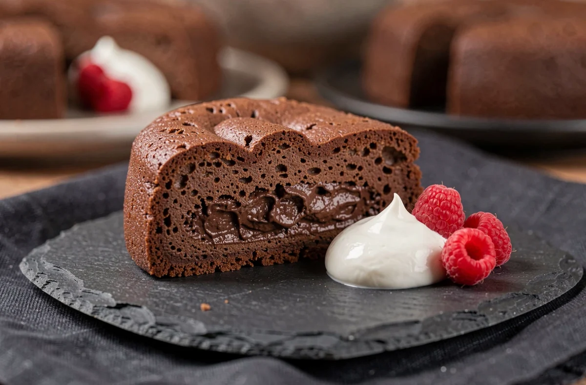 Tranche de gâteau au chocolat fondant sans beurre avec une texture moelleuse révélée, accompagnée de crème fraîche et framboises