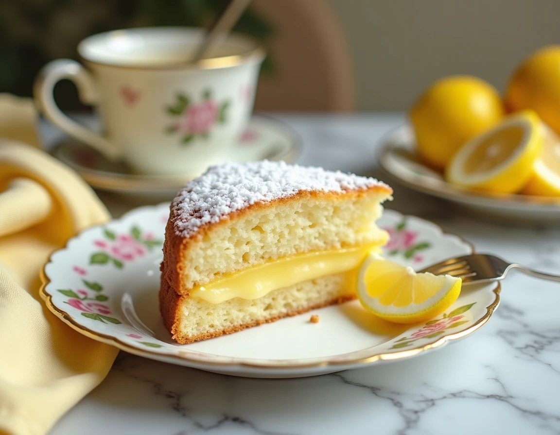 Tranche de gâteau noix de coco citron sur une assiette en porcelaine révélant la garniture au lemon curd et la texture moelleuse