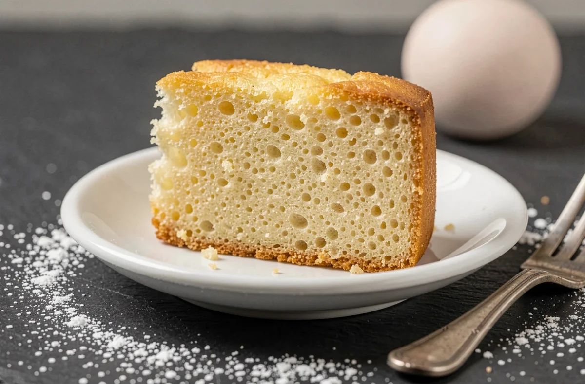 Tranche de gâteau moelleux aux œufs en gros plan révélant une mie aérée et humide sur une assiette en porcelaine blanche avec du sucre glace