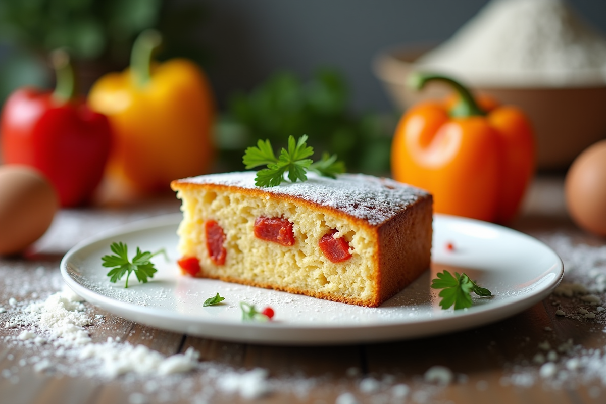 Tranche de gâteau aux poivrons et chorizo sur assiette moderne