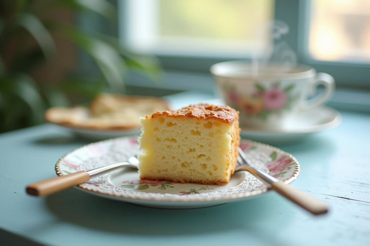 Tranche de gâteau au yaourt maison sur une assiette vintage fleurie avec une tasse de thé, ambiance goûter de grand-mère