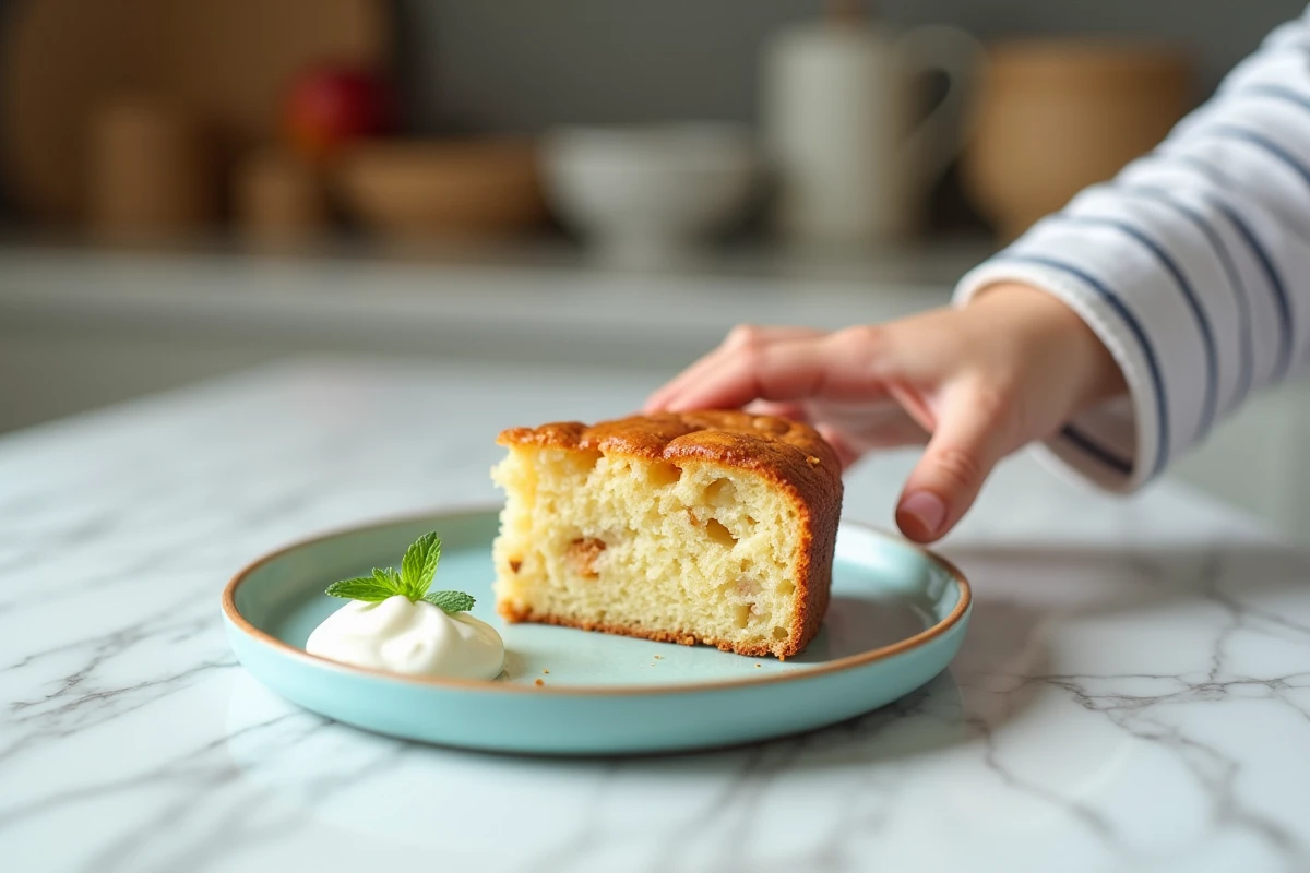 Tranche de gâteau au yaourt et aux pommes sur une assiette bleue, avec une main d'enfant qui tend le bras pour la prendre, vue rapprochée de la mie moelleuse