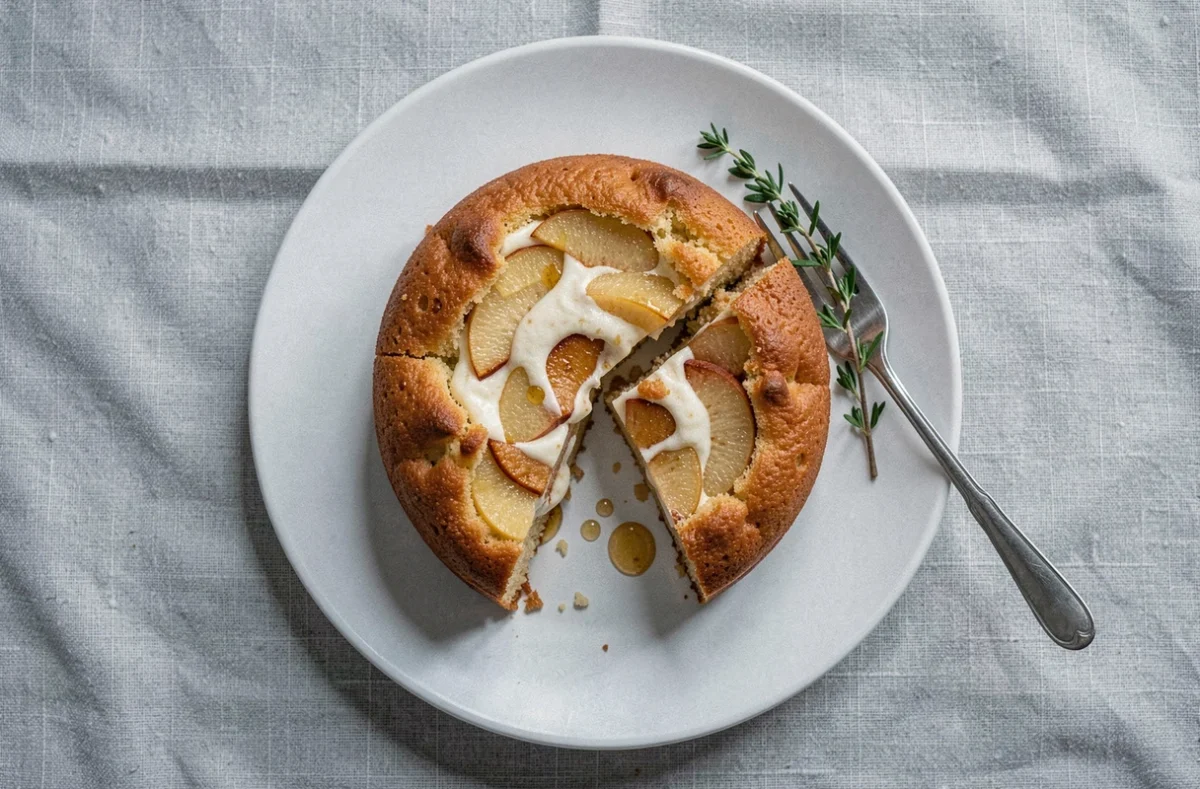 Vue du dessus d'une tranche de gâteau au yaourt et aux pommes moelleux sur une assiette en céramique blanche avec du miel